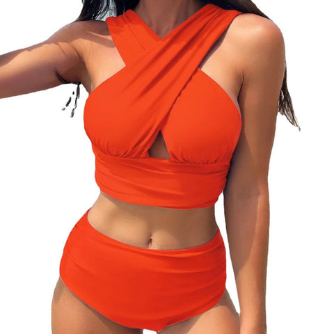 Cross-halterneck Pleated Swimsuit Solid Color Sexy Summer Beach Vacation Swimsuit